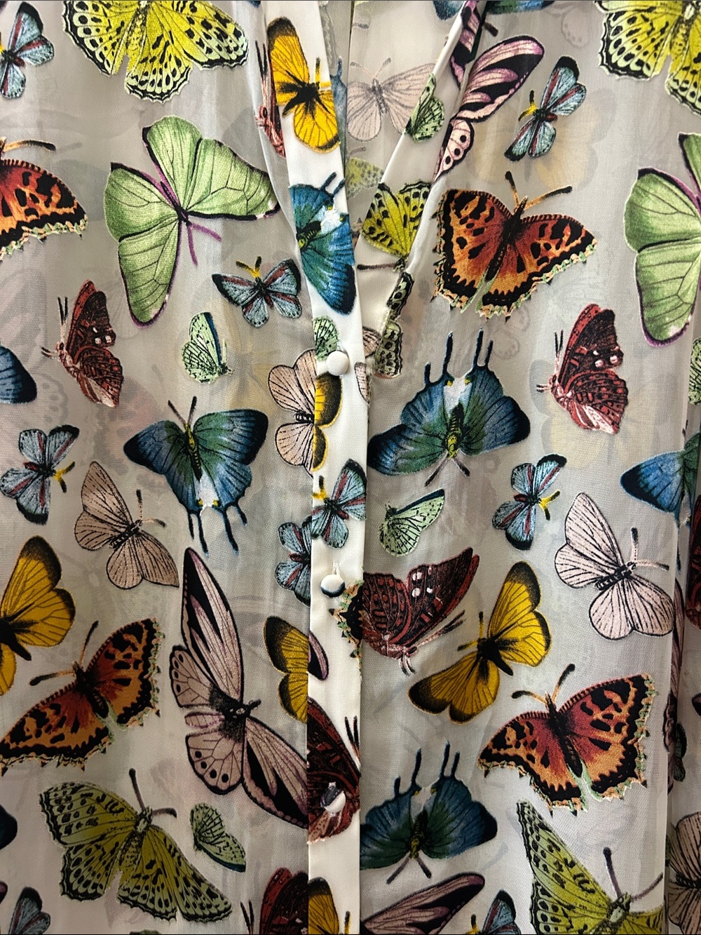 Alice + Olivia Sheer Butterfly-Print Button-Down Blouse - White Multicolor - Picture 3 of 7